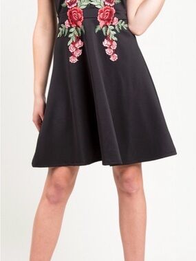 Dex Black Mini Dress with Pink and Red Floral Embroidery